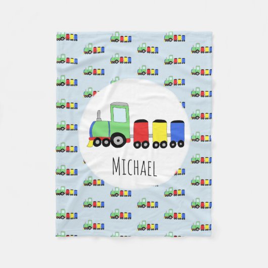 名をもらった子供が付いている男の子の列車パターン フリースブランケット (正面)