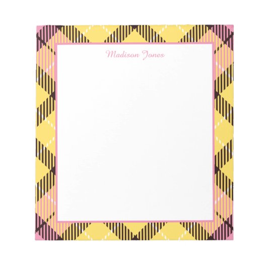 名エレガントパーソナライズされた前黄色ピンクタータンチェック枠 ノートパッド (正面)