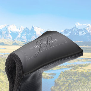 名エレガント前とモノグラムのイニシャル  黒とグレー ゴルフヘッドカバー