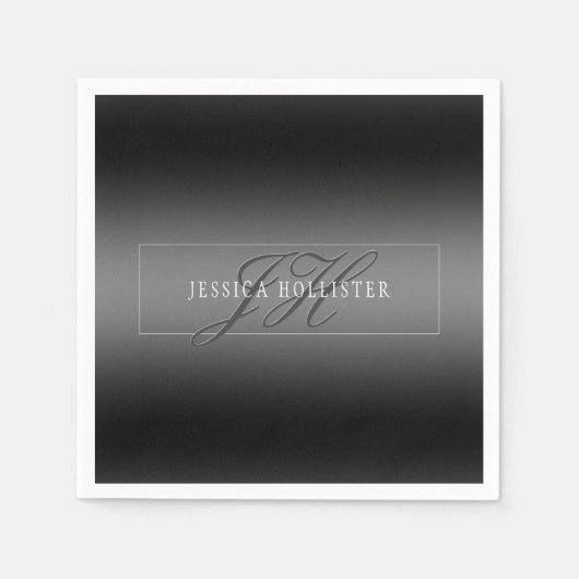 名エレガント前とモノグラムのイニシャル |黒とグレー スタンダードカクテルナプキン (正面)
