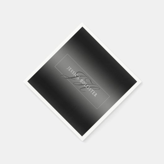 名エレガント前とモノグラムのイニシャル |黒とグレー スタンダードカクテルナプキン (角)