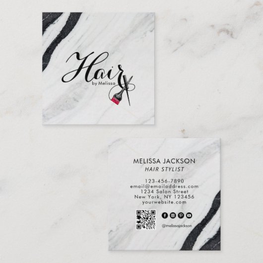 名エレガント前別白黒大理石ヘアQRコード スクエア名刺 (正面/裏面)
