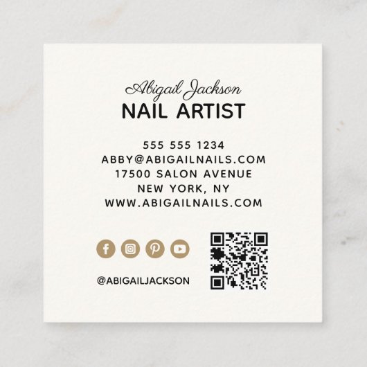 「名エレガント前」による爪、 ネイルQRコードソーシャルメディアアイボリー スクエア名刺 (裏面)