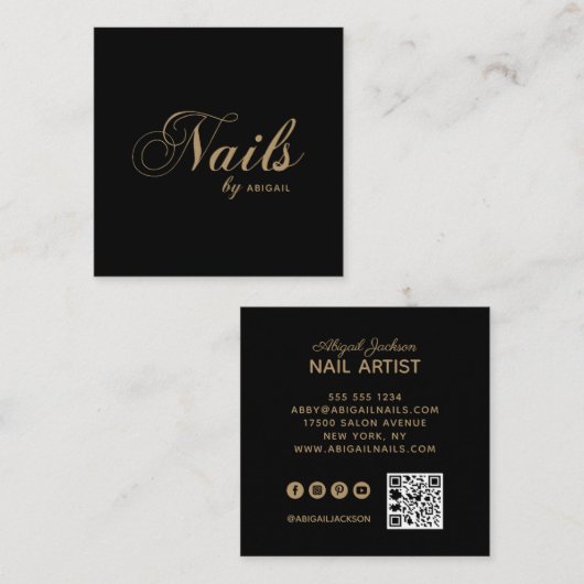 「名エレガント前」による爪、 ネイルQRコードソーシャルメディアブラック スクエア名刺 (正面/裏面)