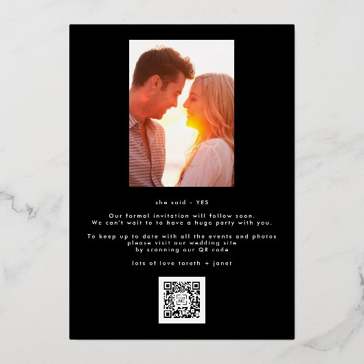 名エレガント前 |写真カスタムの救OUR日付 箔招待状 (裏面)