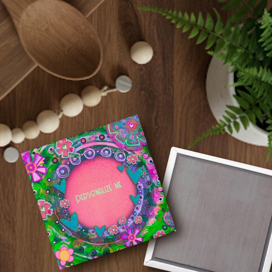 名カスタマイズ前または単語のかわいらしピンクの緑のフローラ マグネット