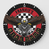 名カスタマイズ前バイクもしくは自転車に乗る人バイクショップガレージ ラージ壁時計 (正面)