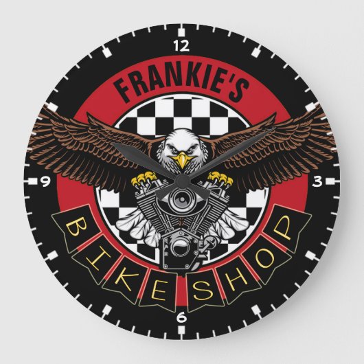 名カスタマイズ前バイクもしくは自転車に乗る人バイクショップガレージ ラージ壁時計 (正面)