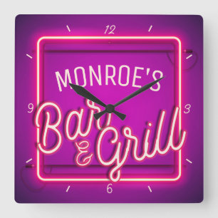 名カスタマイズ前ピンクフェイクネオンレトロバーグリル スクエア壁時計