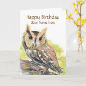 名カスタマイズ前、かわいいフクロウ鳥、誕生日カード カード (黄色い花)