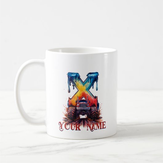 名カスタマイズ前'X'泥（ばちゃばちゃ）跳ねる巨大トラック コーヒーマグカップ (左)
