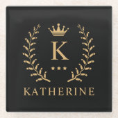 名カスタマイズ&イニシャル白黒金ゴールドモノグラム ガラスコースター (正面)