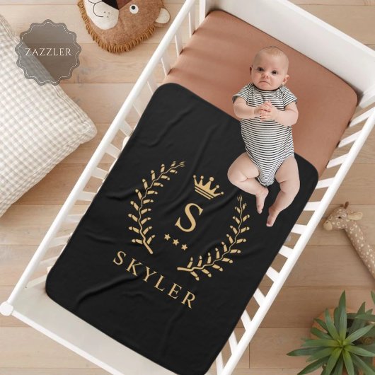 名カスタマイズ&イニシャル白黒金ゴールドモノグラム シェルパブランケット