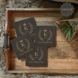 名カスタマイズ&イニシャル白黒金ゴールドモノグラム ストーンコースター