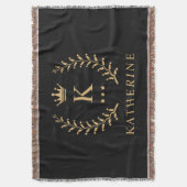 名カスタマイズ&イニシャル白黒金ゴールドモノグラム スローブランケット (正面縦)