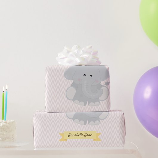 名カスタム前と年齢のストライプゾウの山形の ラッピングペーパー (パーティーギフト)