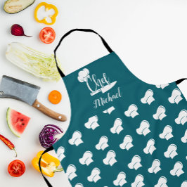 名カスタム前シェフDarkティール（緑がかった色）&ホワイトシェフハット エプロン