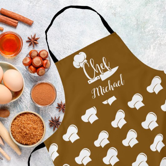 名カスタム前Brown & White Chef Hatのシェフ エプロン