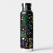 名カラフル前かわいいハートと星を黒に ウォーターボトル (左面)