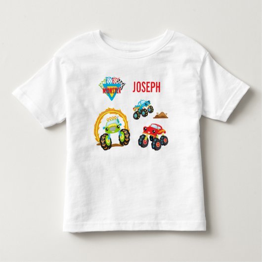 名カラフル前の小さな少年モンスタートラック トドラーTシャツ (正面)