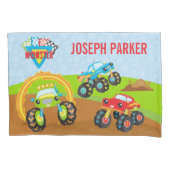 名カラフル前の小さな少年モンスタートラック 枕カバー (正面)