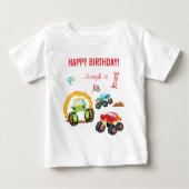 名カラフル前の年齢の誕生日少年モンスタートラック ベビーTシャツ (正面)