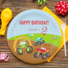 名カラフル前の年齢の誕生日少年モンスタートラック ペーパープレート