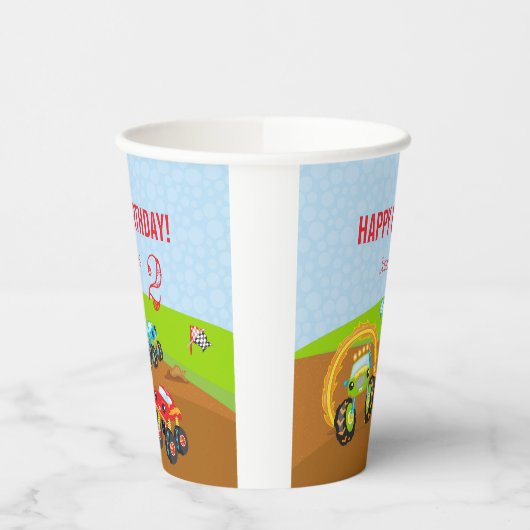 名カラフル前の年齢の誕生日少年モンスタートラック 紙コップ (左)