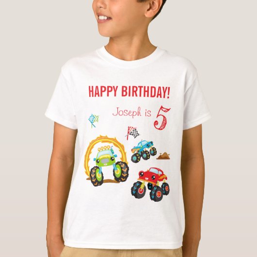 名カラフル前の年齢の誕生日少年モンスタートラック Tシャツ (正面)