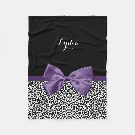 名ガーリー前のレオパかわいらしードプリントパープルリボン フリースブランケット (正面)