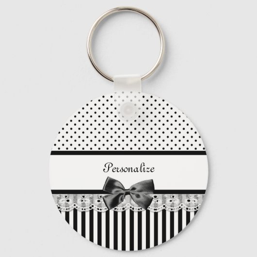 名ガーリー前の白ビクトリアンストライプ黒の文字 キーホルダー (正面)