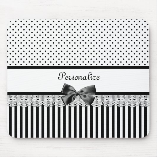 名ガーリー前の白ビクトリアンストライプ黒の文字 マウスパッド (正面)