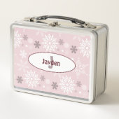 名ガーリー前&イニシャルウィンタースノーフレークピンク メタルランチボックス (正面)
