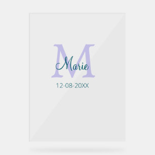 名シンプルミニマル前モノグラム紫の緑の日付を追加 アクリルサイン