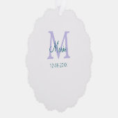 名シンプルミニマル前モノグラム紫の緑の日付を追加 オーナメントカード (右)