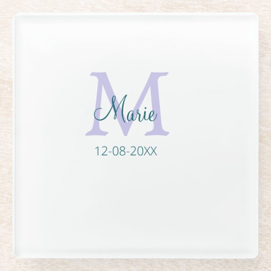 名シンプルミニマル前モノグラム紫の緑の日付を追加 ガラスコースター (正面)