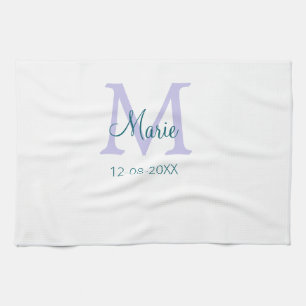 名シンプルミニマル前モノグラム紫の緑の日付を追加 キッチンタオル
