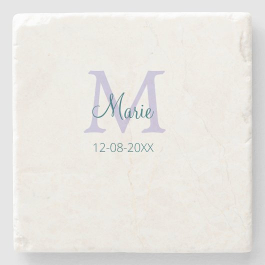 名シンプルミニマル前モノグラム紫の緑の日付を追加 ストーンコースター (正面)