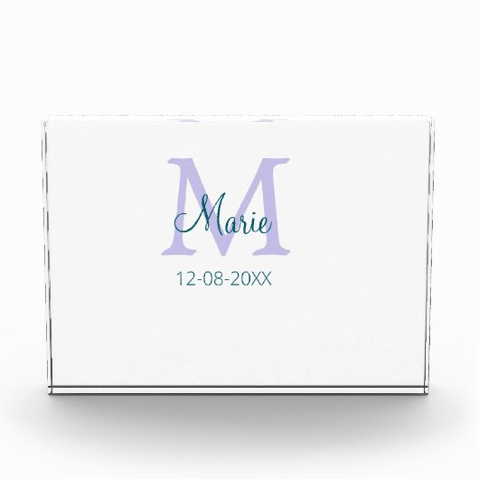 名シンプルミニマル前モノグラム紫の緑の日付を追加 フォトブロック (正面)