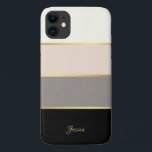 名スタイリッシュストライプモダン前のパターン iPhone 11 ケース<br><div class="desc">まスタイリッシュたフェミニン、このお洒落デザインはクリームストライプ、ピンク、トープ、ブラックの幅広い横向き金ゴールドを特徴と色を分ける細いラインストライプ。文字テンプレートは、あなたの名前、モノグラムイニシャルまたは他の望ましい文字でパーソナライズするために含まれる。ケースを注文するサンプル文字もしを文字なしで削除することもできます。</div>