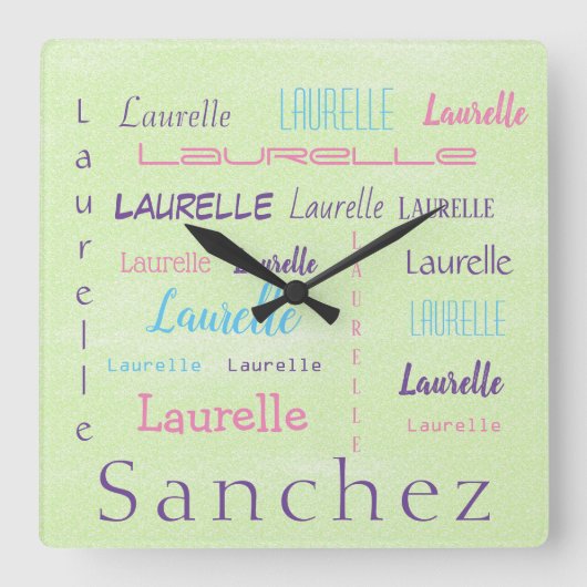 名パーソナライズされたフォントの姓   スクエア壁時計 (正面)