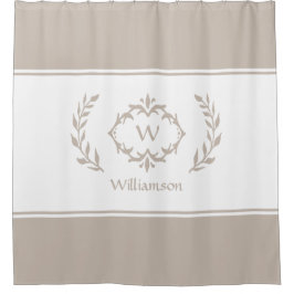 名パーソナライズされたモノグラムのイニシャルベージュホワイト シャワーカーテン
