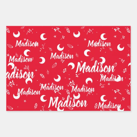 名パーソナライズされた前お洒落クリスマスムーンドゥードル ラッピングペーパーシート (正面)