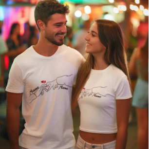 名パーソナライズされた前と日付デザインカスタムハンドカップル Tシャツ