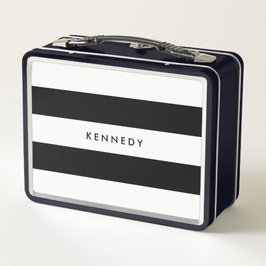 名パーソナライズされた前を白黒に追加すストライプる メタルランチボックス (裏面)