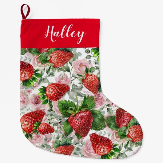 名パーソナライズされた前イチゴフローラ ラージクリスマスストッキング (正面)
