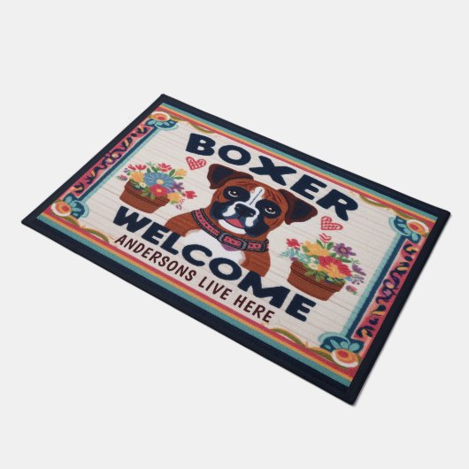 名パーソナライズされた前ウェルカムボクサー犬愛好家 ドアマット (アングル)