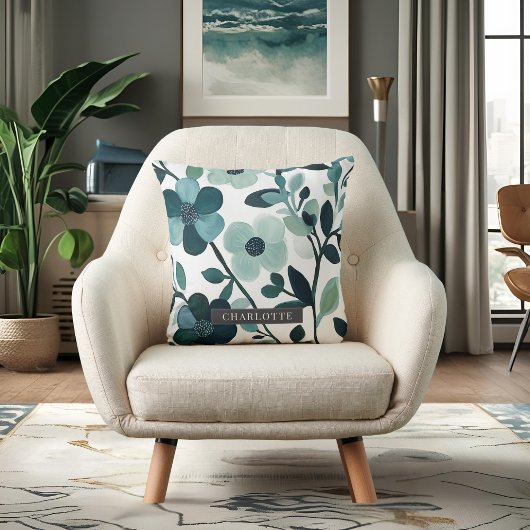 名パーソナライズされた前エレガント青アクアフローラつる植物 クッション