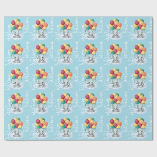 名パーソナライズされた前エレファント男の赤ちゃんBalloons Blue ラッピングペーパー (フラット)