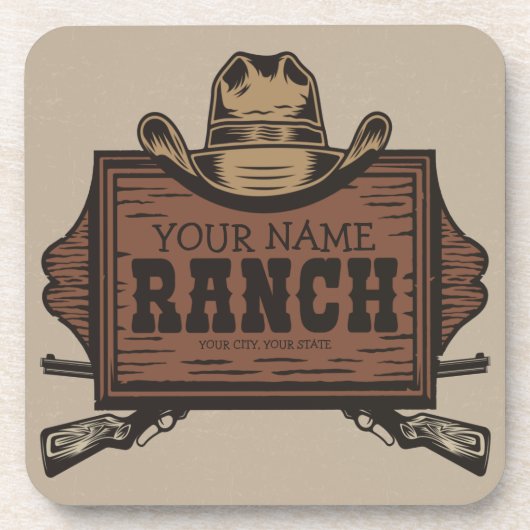 名パーソナライズされた前カウボーイガンズウェスタンランチサイン コースター (正面)